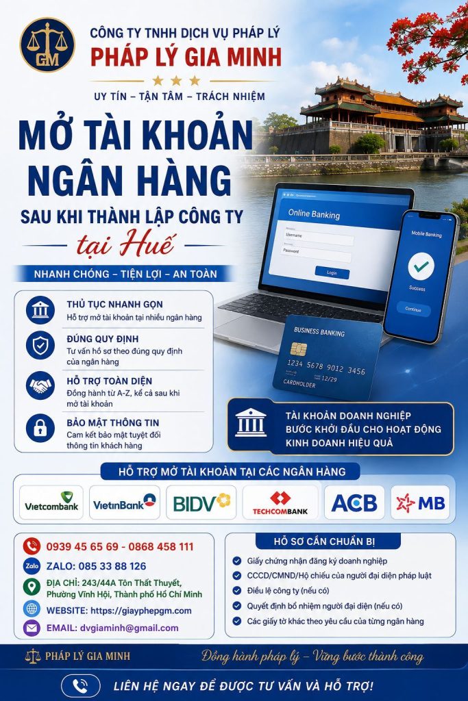 Mở tài khoản ngân hàng sau khi thành lập công ty tại Huế