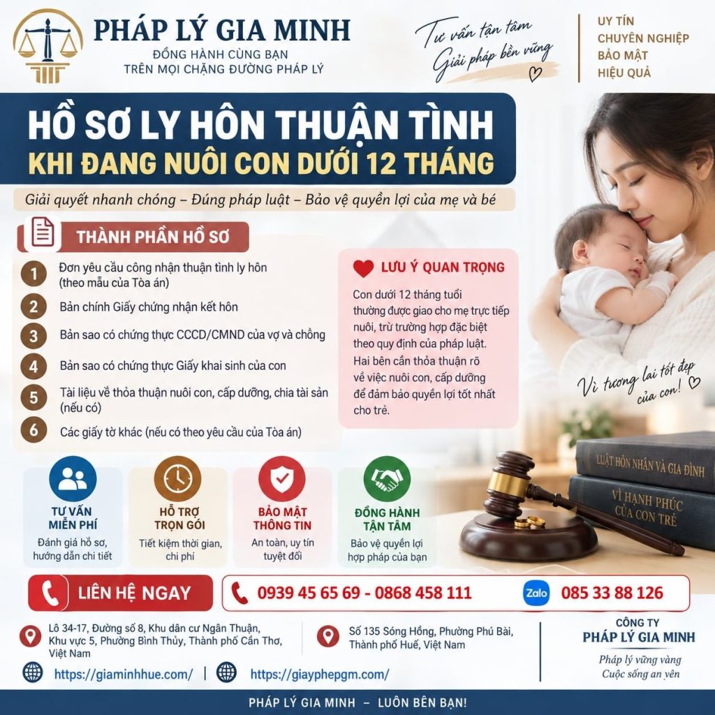 Hồ sơ ly hôn thuận tình khi đang nuôi con dưới 12 tháng gồm những gì? 1 Hồ sơ ly hôn thuận tình khi đang nuôi con dưới 12 tháng