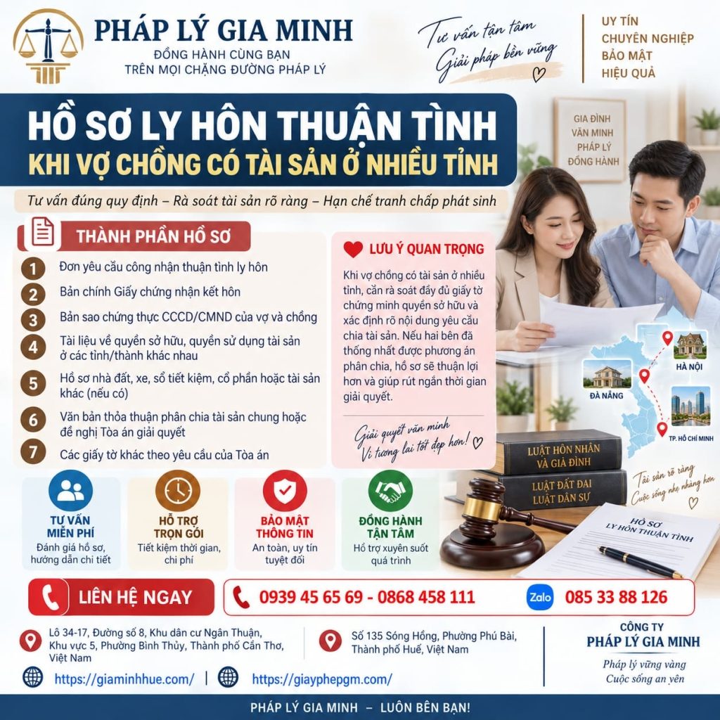 Hồ sơ ly hôn thuận tình khi vợ chồng có tài sản ở nhiều tỉnh