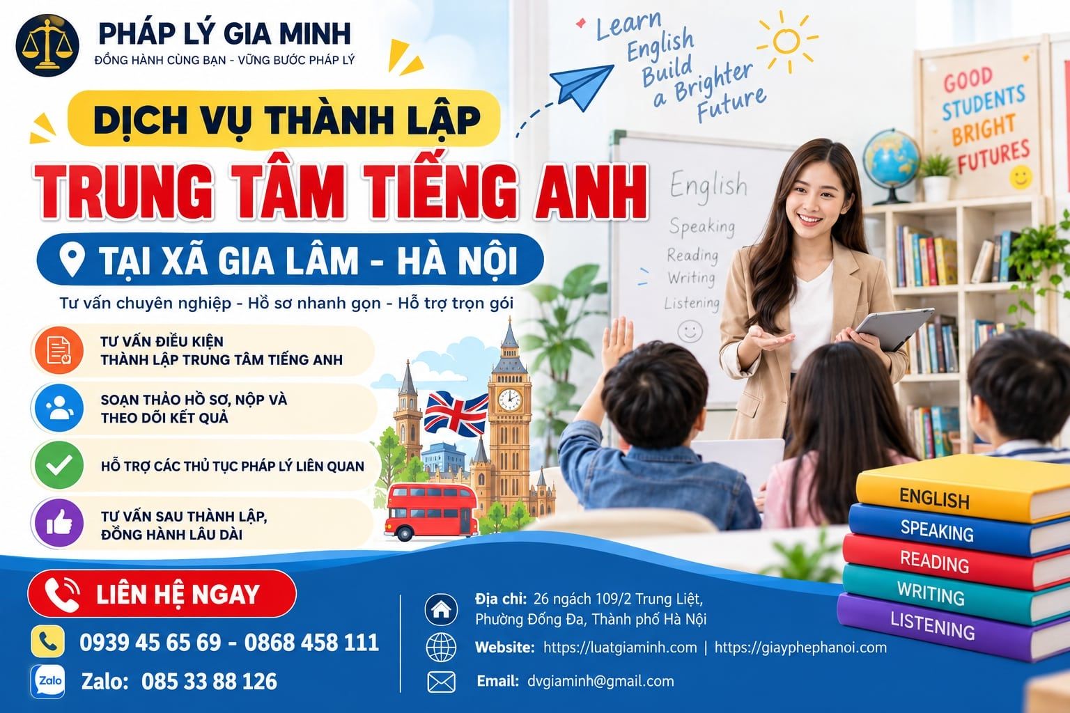 Dịch vụ thành lập trung tâm tiếng Anh tại xã Gia Lâm Hà Nội